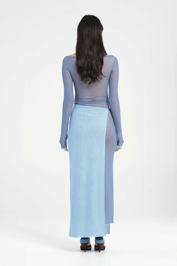 Hendrix Maxi Dress Ocean by Benni – A trendy sheer mesh maxi with contrasting bust and adjustable wrap skirt, perfect for bold after-dark events.