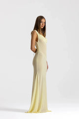 Anita Dress Lemon by Natalie Rolt featuring a sheer georgette silhouette, draped cowl neckline and asymmetrical skirt godets.