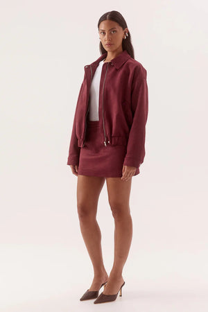 Avery Bomber Cranberry by Sovere, faux suede bomber jacket with relaxed fit for elevated winter layering.