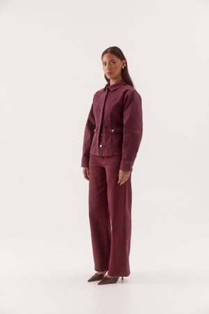 Blaine Denim Jacket Vino by Sovere, fitted cotton blend denim jacket with concealed buttons and flap pockets.