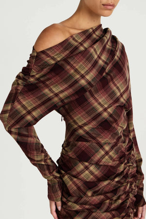Hera Mini Dress Plum Check by Benni, one shoulder tartan mini dress, perfect for elevated evening styling