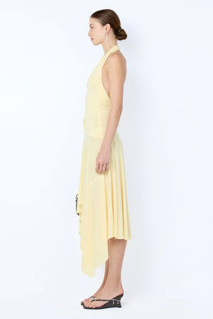 Nessie Halter Dress by Bec + Bridge in yellow stretch jersey with halter neckline, low back, and asymmetric midi hem.