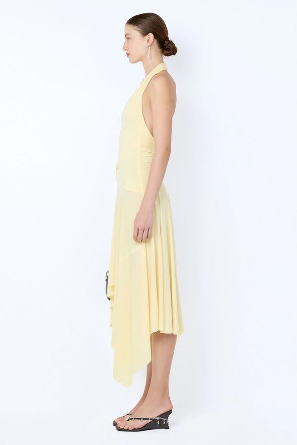 Nessie Halter Dress by Bec + Bridge in yellow stretch jersey with halter neckline, low back, and asymmetric midi hem.