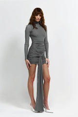 Mercedes Mini in Grey by Effie Kats, a feminine stretch mesh mini with high neckline, long sleeves, and ruched detailing for a flattering, elegant look.
