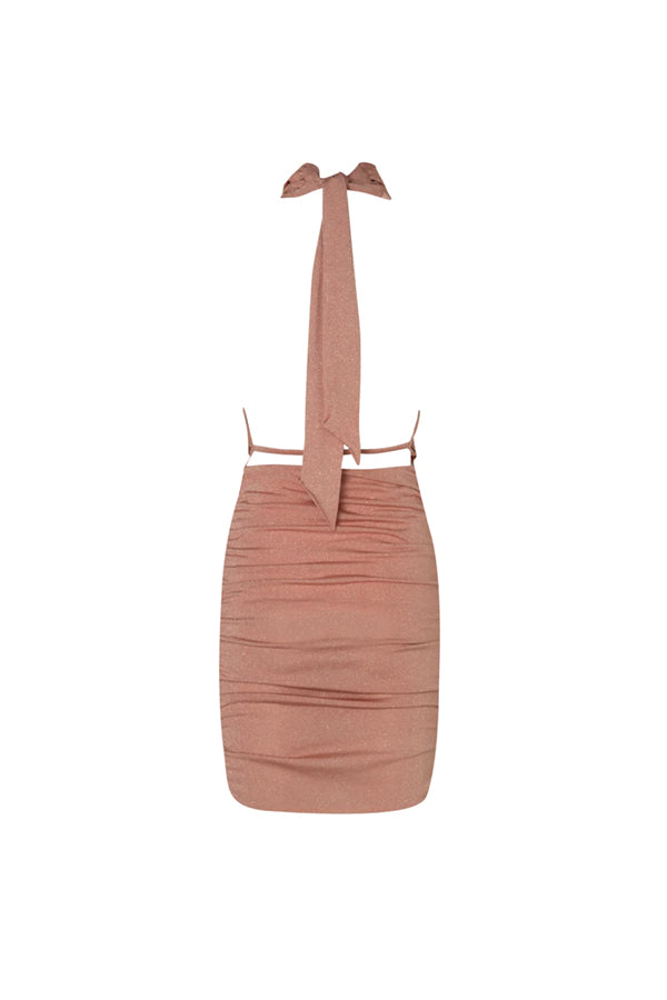 Donna Dress Sorbett by Baobab – Deep V-neck mini dress with high neck, open back, ruched detail, and glossy fitted fabric.