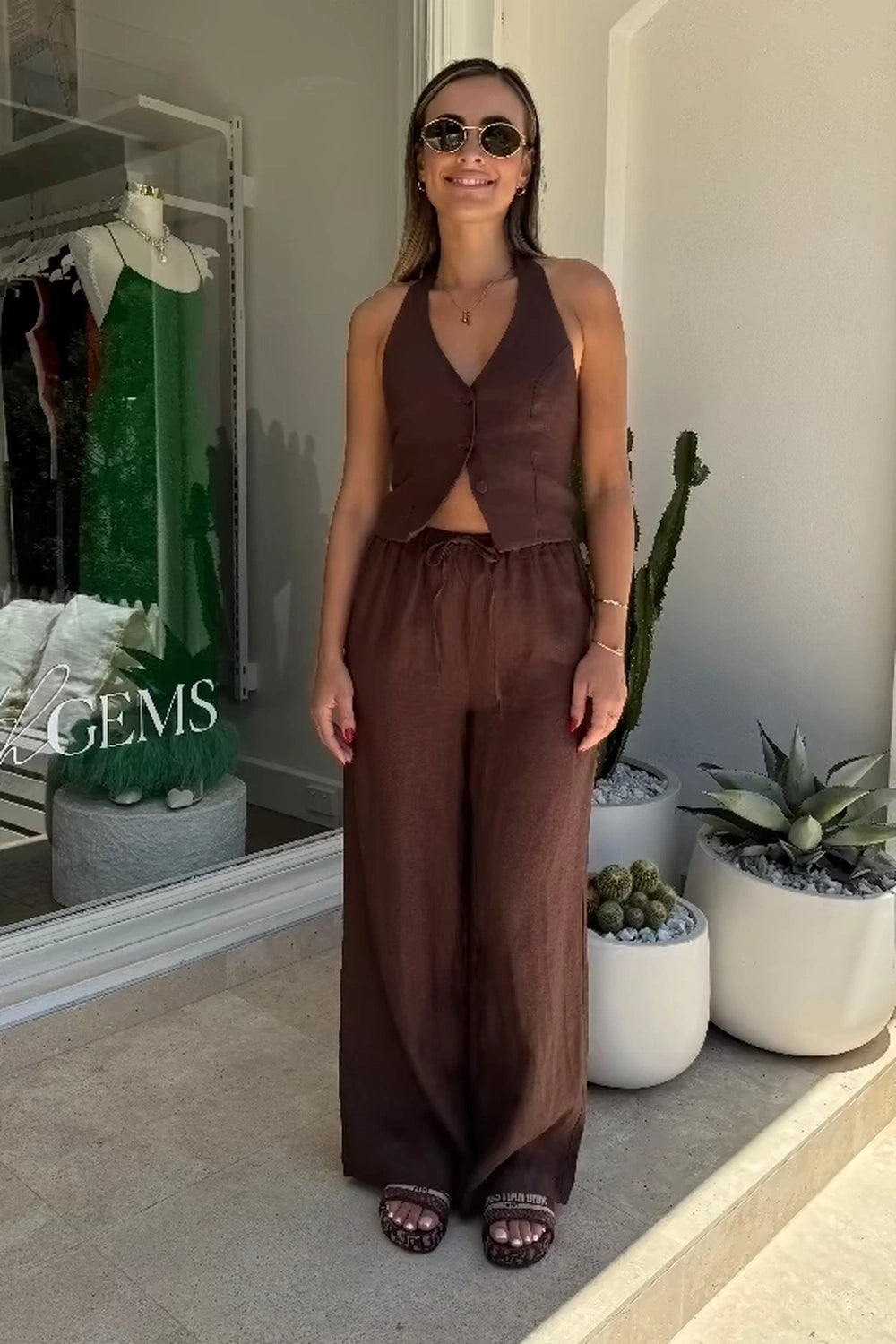 Luna Linen Vest Chocolate by Sneaky Link – Chic and breathable 100% linen halterneck vest with adjustable tie back, perfect for trendy summer sets or casual denim.