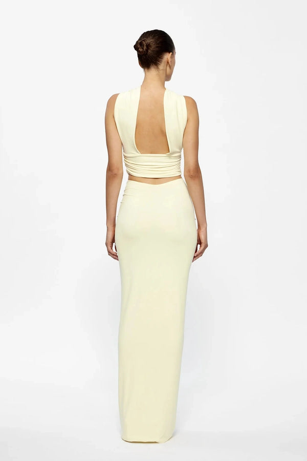 Kayson Maxi Skirt Lemon by Effie Kats, sleek floor-length silhouette with elegant flow, perfect for events or chic day styling.