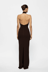 Rhi Gown Coffee by Effie Kats, a stretch crepe floor-length gown with high neck and open back. Perfect for timeless, elegant occasions.