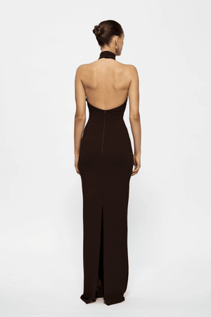 Rhi Gown Coffee by Effie Kats, a stretch crepe floor-length gown with high neck and open back. Perfect for timeless, elegant occasions.