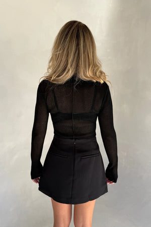 Fine Knit Sheer Long Sleeve Top Black
