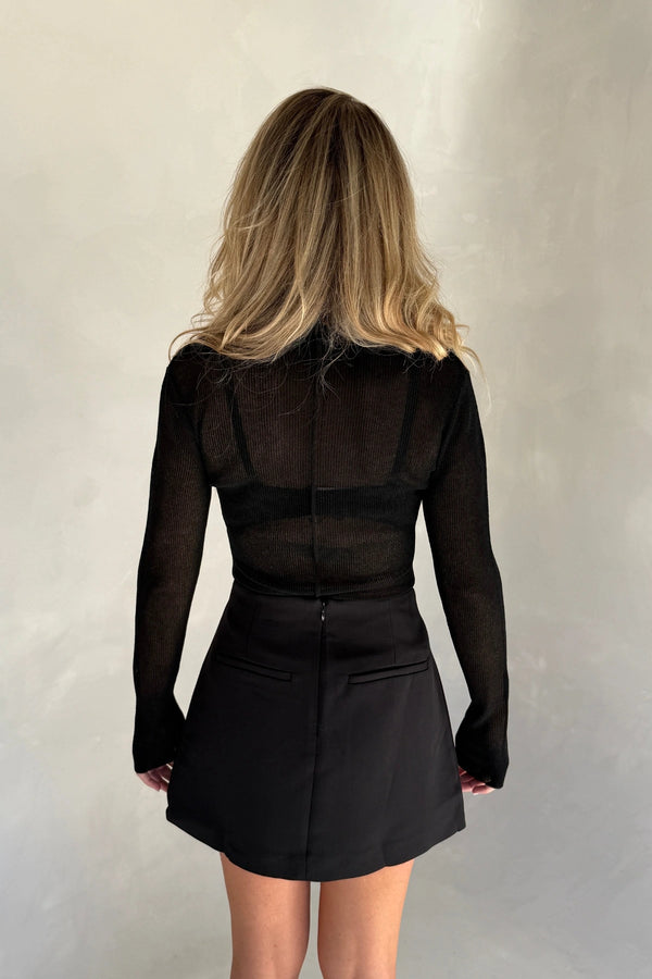 Fine Knit Sheer Long Sleeve Top Black
