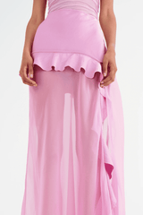 Delilah Maxi Dress Bubblegum by Benni – Occasion-ready satin, mesh & chiffon mix with feminine gathers and ruffle details, perfect for elegant celebrations.