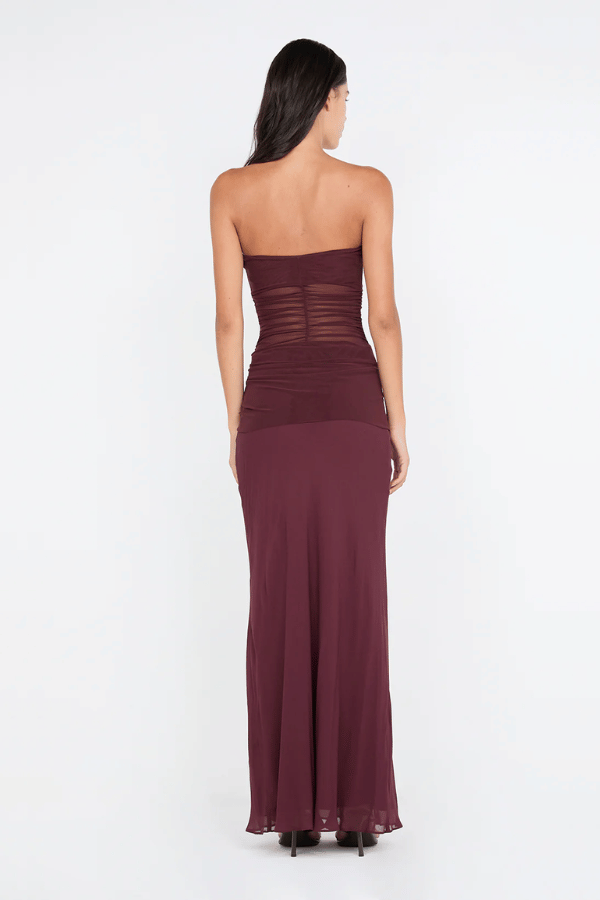 Noemi Strapless Dress by Bec + Bridge, sheer mesh bodice with twist drape detail. Perfect for weddings, galas, and evening occasions.