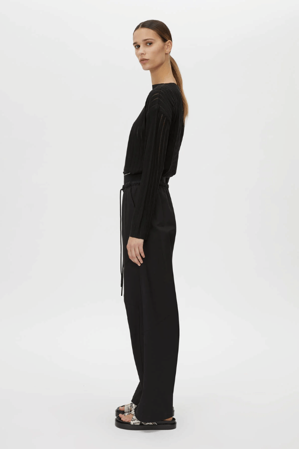 Cella Monogram Elastic Pant Black by Camilla and Marc, relaxed mid-rise pant with monogram waistband, slant pockets, and refined panel stitching.