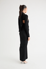 Victoria Maxi Dress Black by Pfeiffer – A sleek, versatile maxi with adjustable halter, removable shrug, and ruching, perfect for elegant, adaptable style.