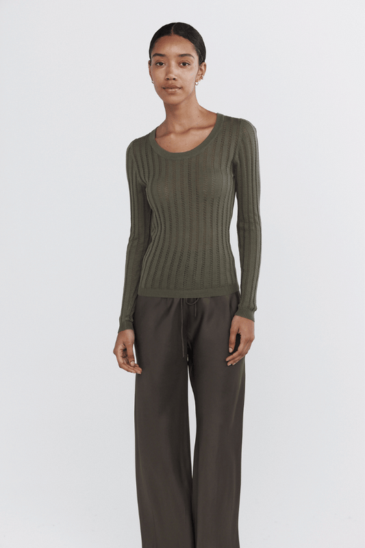 Tiana Top Agave by Marle, luxurious cashmere blend knit with subtle sheerness and fitted silhouette, perfect for trendy, elegant layering and viral casual chic.