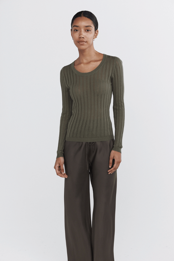 Tiana Top Agave by Marle, luxurious cashmere blend knit with subtle sheerness and fitted silhouette, perfect for trendy, elegant layering and viral casual chic.