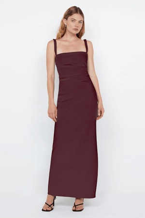 Leora Tuck Maxi Dress Plum by Bec + Bridge – A sleek bonded crepe maxi with elegant waist tucks and a side leg split, perfect for sophisticated evening occasions.