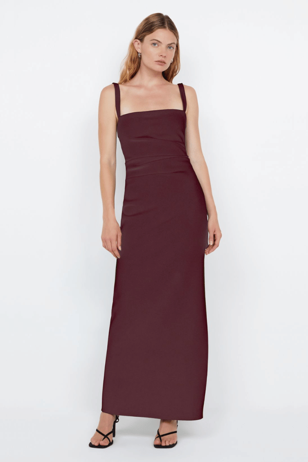Leora Tuck Maxi Dress Plum by Bec + Bridge – A sleek bonded crepe maxi with elegant waist tucks and a side leg split, perfect for sophisticated evening occasions.
