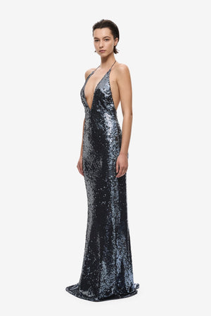 The Plunge Sequin Jersey Maxi Dress Gunmetal