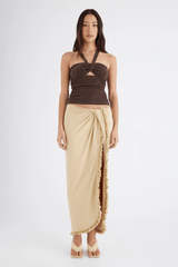 Prianka Halter Top Espresso by Benni — Sleek halter in shimmering mesh with sparkle lurex, center cut-out, gathered waist, and internal grip tape for support. Fully lined, adjustable self-tie straps.