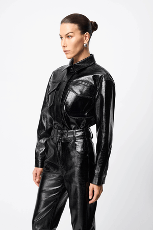 Salt Water Pant Croc by Mossman, high-rise faux croc leather trousers with a straight leg, jean-style pockets, and belt loops. Fierce yet practical for everyday wear.