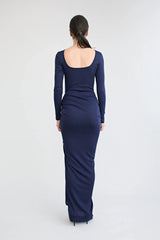 Suri Gown Navy by Pfeiffer, reversible jersey maxi dress with low back and adjustable gathered split