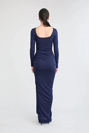 Suri Gown Navy by Pfeiffer, reversible jersey maxi dress with low back and adjustable gathered split