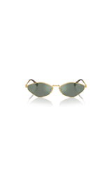 Miu Miu MU 56ZS Gold Green Mirror Silver – irregular narrow metal sunglasses with logo hinge and acetate temple tips.
