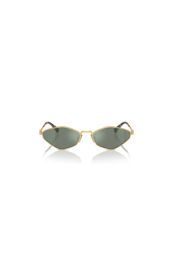 Miu Miu MU 56ZS Gold Green Mirror Silver – irregular narrow metal sunglasses with logo hinge and acetate temple tips.
