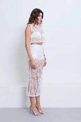 Riki Lace Top Powder by Pfeiffer – embroidered floral lace crop top with sequins and keyhole back detail.