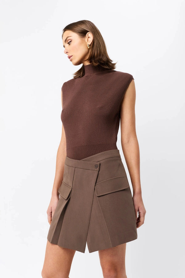 Quiet Force Top by Mossman in sky blue, ribbed sleeveless turtleneck with removable shoulder pads for sleek everyday styling.