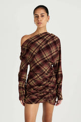 Hera Mini Dress Plum Check by Benni, one shoulder tartan mini dress, perfect for elevated evening styling
