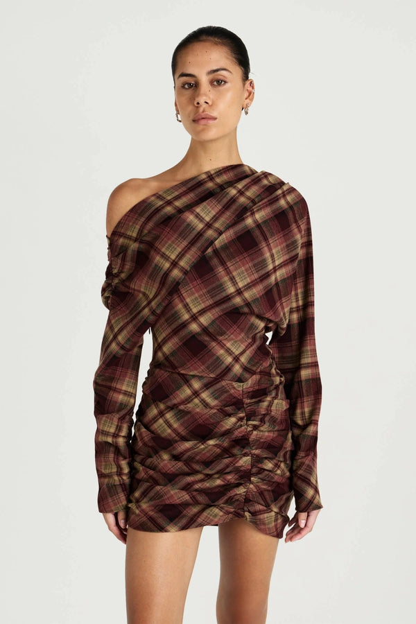 Hera Mini Dress Plum Check by Benni, one shoulder tartan mini dress, perfect for elevated evening styling