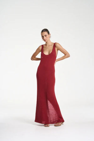 Knit Maxi Dress by Summi Summi — a carmine red linen–cotton knit maxi with a scoop neck and relaxed drape, perfect for effortless summer styling.