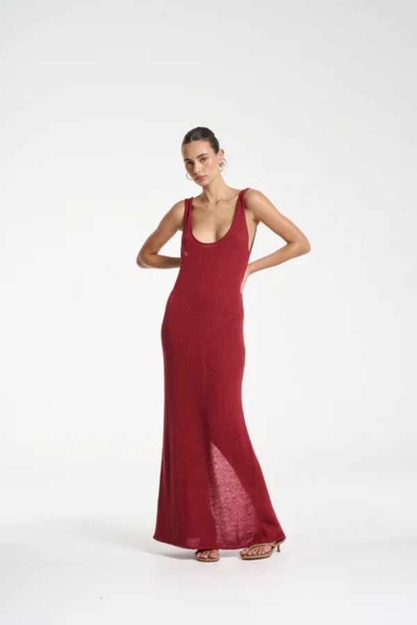 Knit Maxi Dress by Summi Summi — a carmine red linen–cotton knit maxi with a scoop neck and relaxed drape, perfect for effortless summer styling.