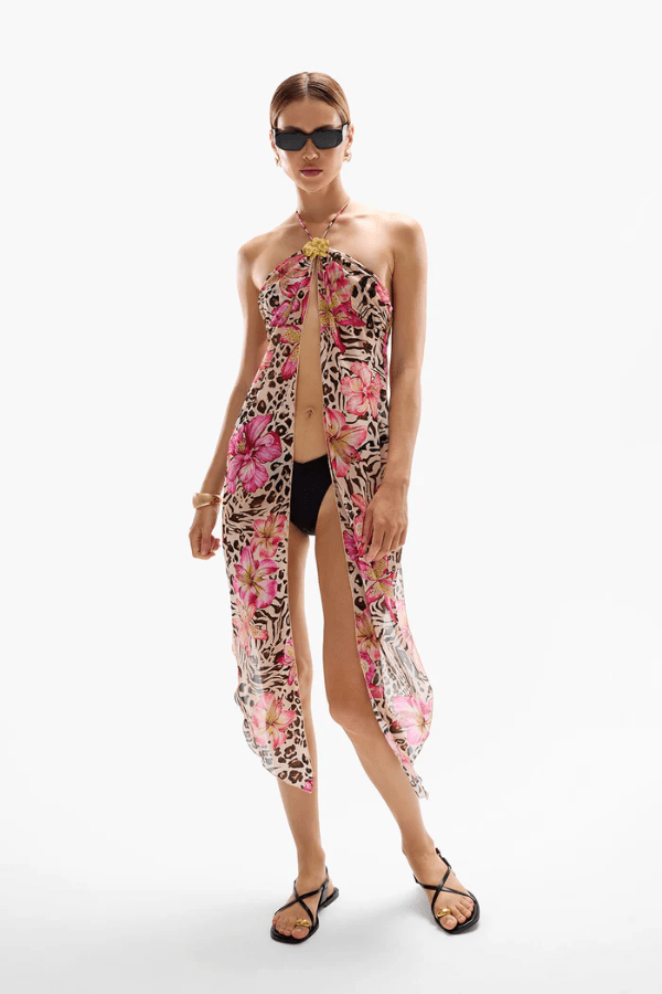 Coral Orchid Drape Top Safaria by Cin Cin – Lightweight 100% viscose with vibrant florals and animal print. Adjustable halter tie and gold clasp. Perfect for summer.