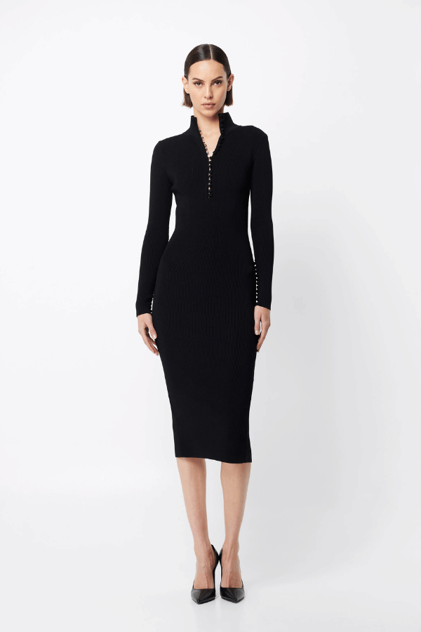 Mayfair Long Sleeve Midi Black by Mossman – A sleek, premium crepe knit midi with high neckline, covered buttons, and fitted silhouette, perfect for polished desk-to-dinner looks.