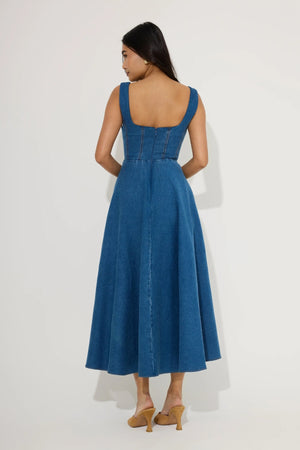 Cotton Mix Denim Square Neck Midi Dress Light Blue by Odd Muse, fitted denim midi dress, perfect for chic day