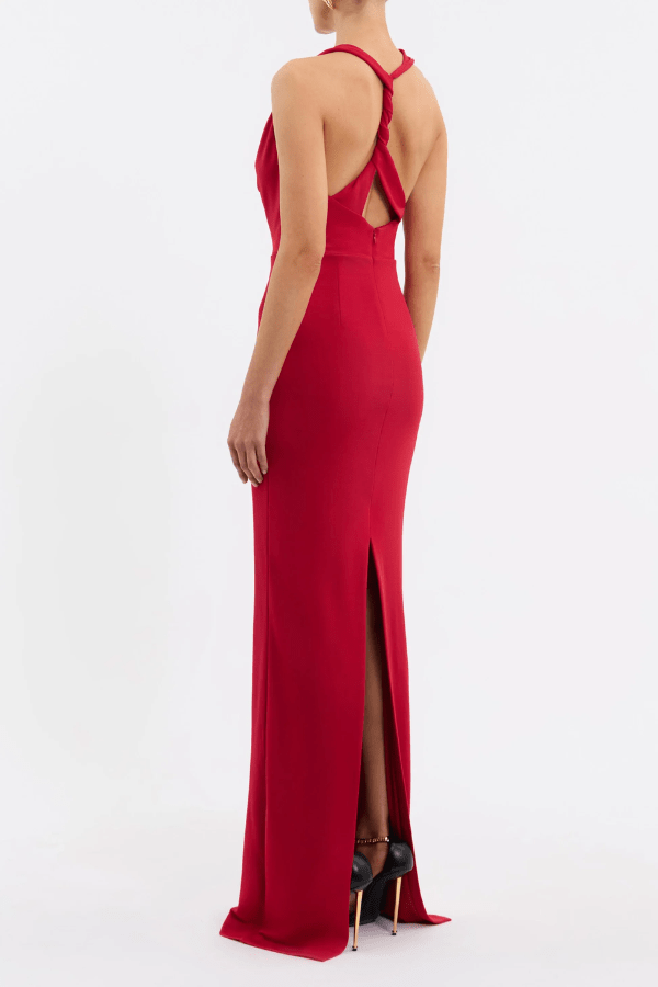 Carmine Halter Maxi Dress Red by Rebecca Vallance – A trendy, elegant maxi with a draped halter cowl, twisted racer back, and gold wire detail, perfect for standout special occasions.