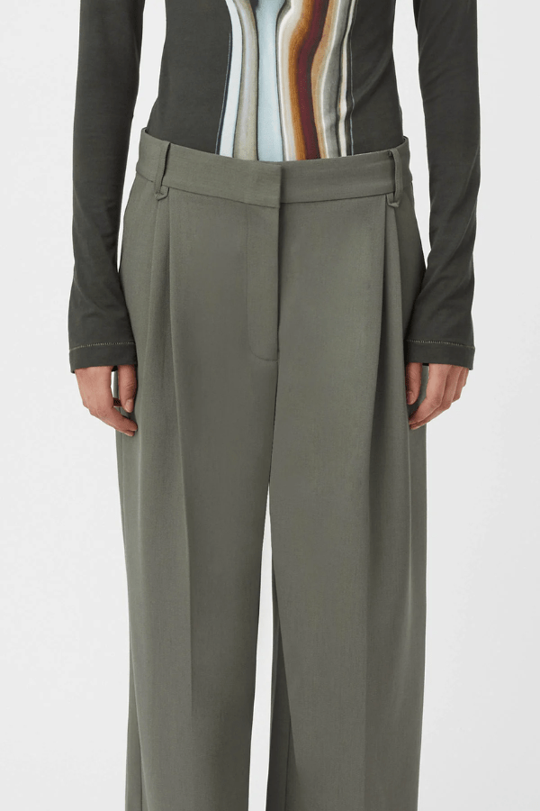 Annick Pant Sacramento Green by Camilla and Marc, double-pleated with a mid-low waist and pressed creases, perfect for modern tailoring or chic office dressing.