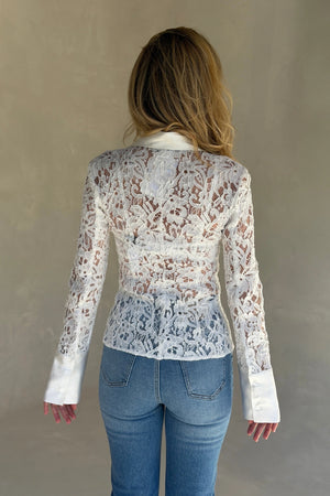 Emilie Lace Long Sleeve Shirt White by Sneaky Link, floral lace shirt with contrast collar, cuffs and sheer sleeves.