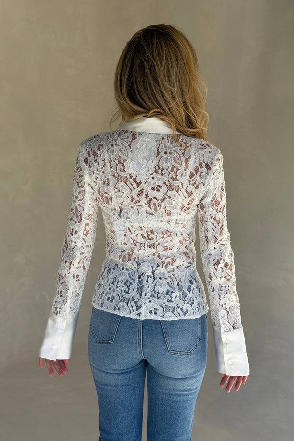Emilie Lace Long Sleeve Shirt White by Sneaky Link, floral lace shirt with contrast collar, cuffs and sheer sleeves.