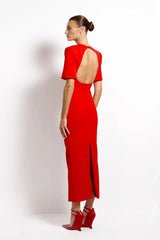 Evie Midi Cherry Red by Effie Kats, ruched stretch crepe midi dress, perfect for elegant evening styling
