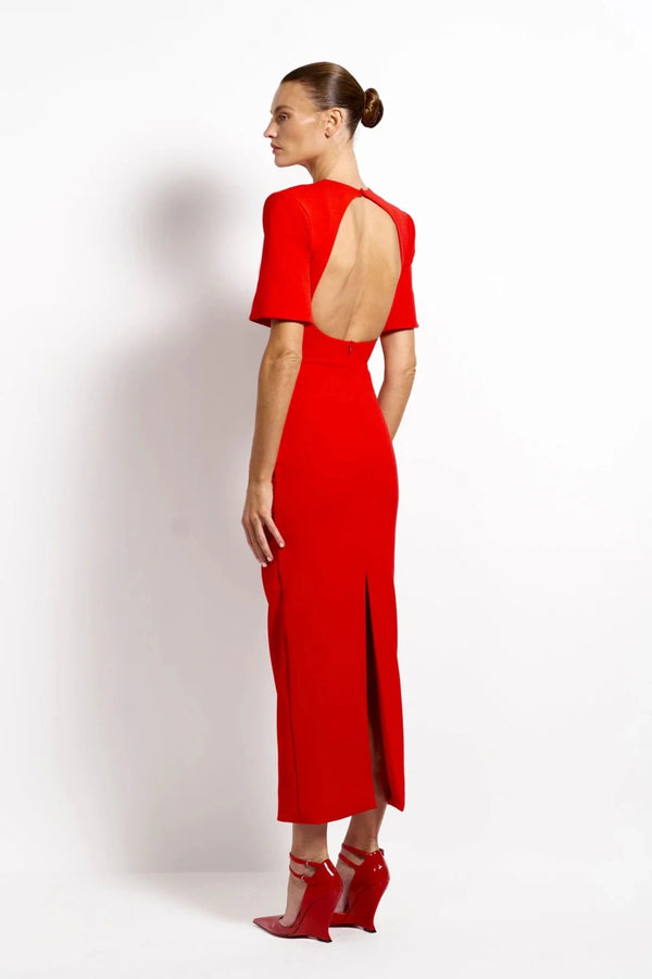 Evie Midi Cherry Red by Effie Kats, ruched stretch crepe midi dress, perfect for elegant evening styling