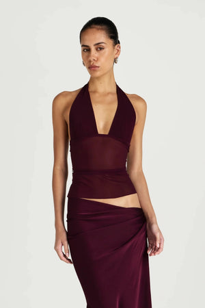 Ira Maxi Dress by Benni, halter mesh and satin maxi dress with chiffon shawl, perfect for evening events
