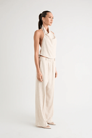 Pino Cowl Top Natural by Pfeiffer – Trendy, soft suiting top with adjustable cowl neckline and cinched back, perfect for chic day-to-night elegance.