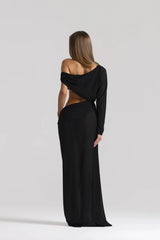 Imogen Dress Black by Natalie Rolt, sheer georgette dress with off shoulder draping and asymmetrical waist detail.