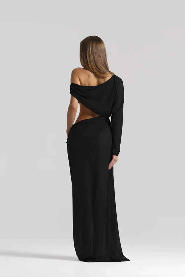 Imogen Dress Black by Natalie Rolt, sheer georgette dress with off shoulder draping and asymmetrical waist detail.