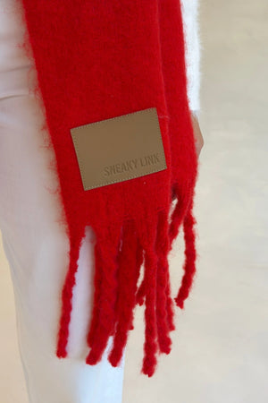 Freya Knitted Scarf Red by Sneaky Link, ultra soft red knit scarf, perfect for cozy winter layering